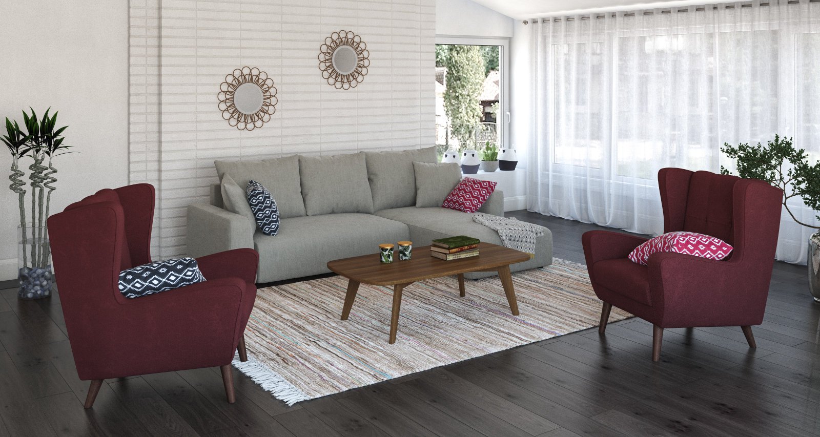 Salon scandinave gris et rouge