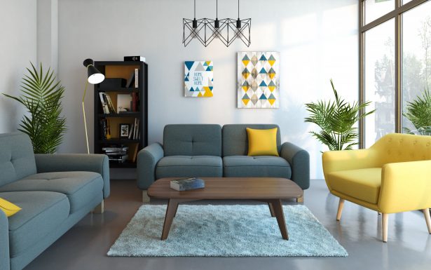 Salon scandinave jaune bleu