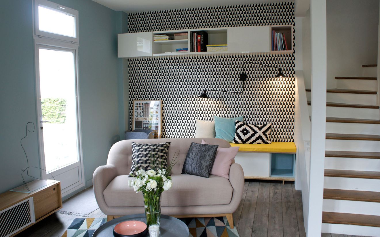 Salon scandinave bleu et beige