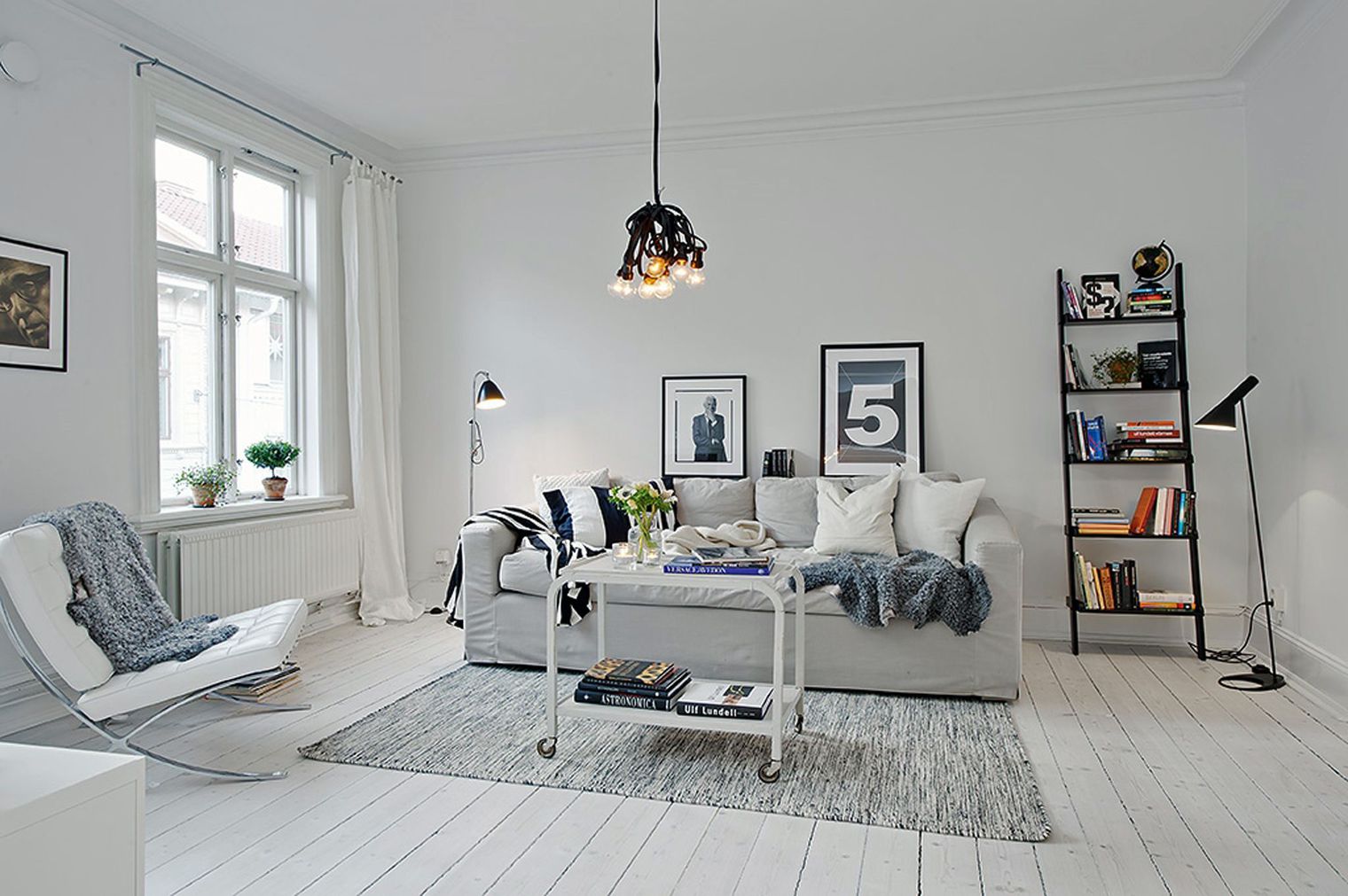 Salon scandinave blanc bleu gris