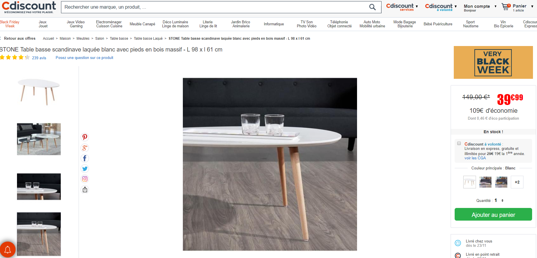 Stone table basse scandinave 98x61 cm