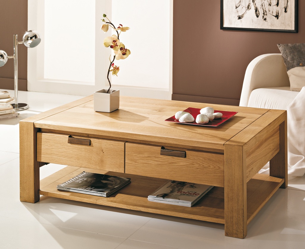 Table basse bois brut 2 tiroirs