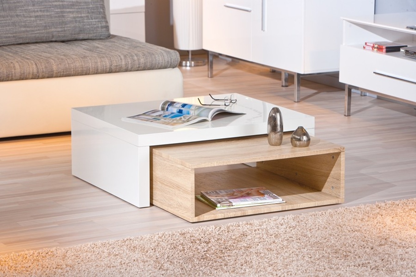 Table basse bois et miroir