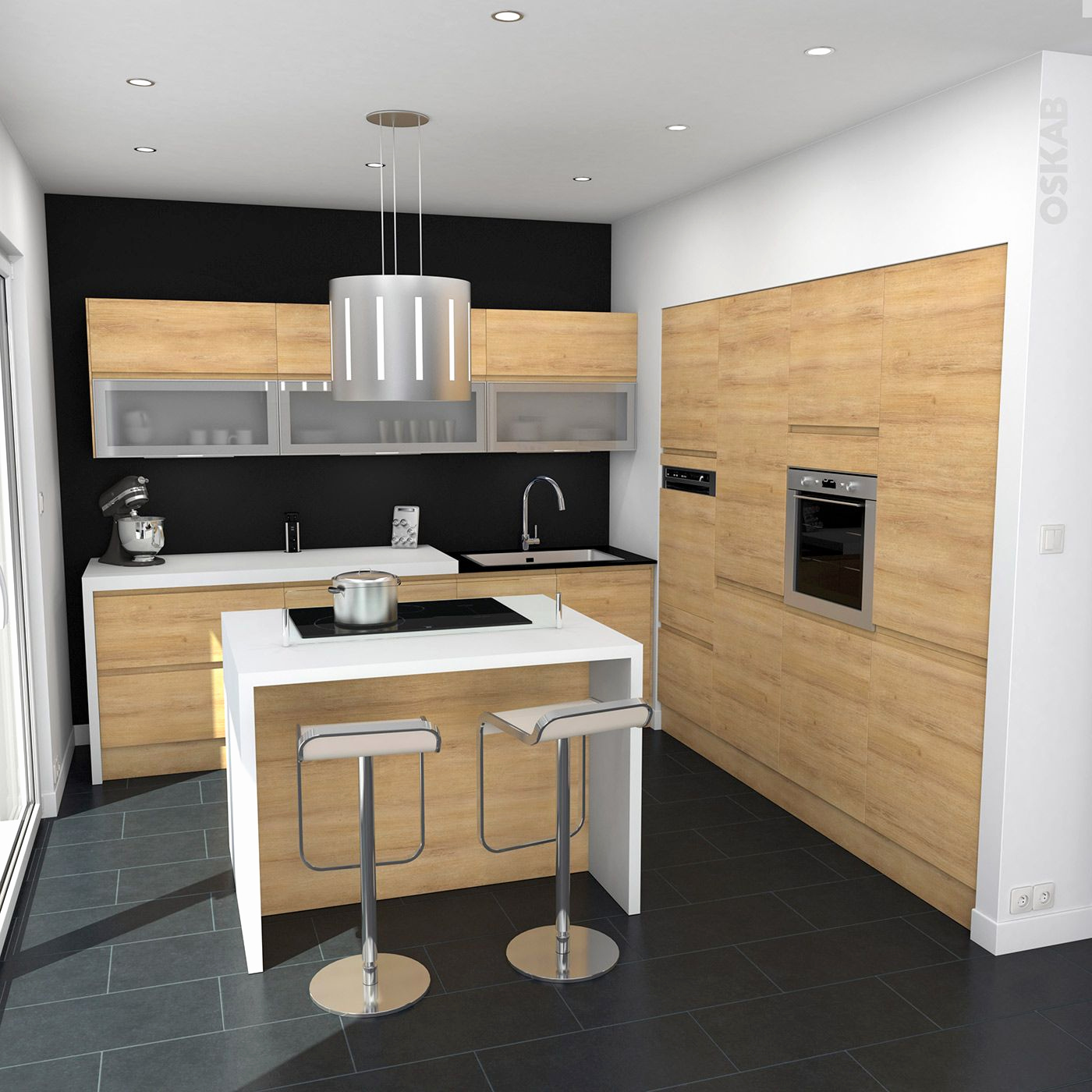 Cuisine blanche et bois évier noir